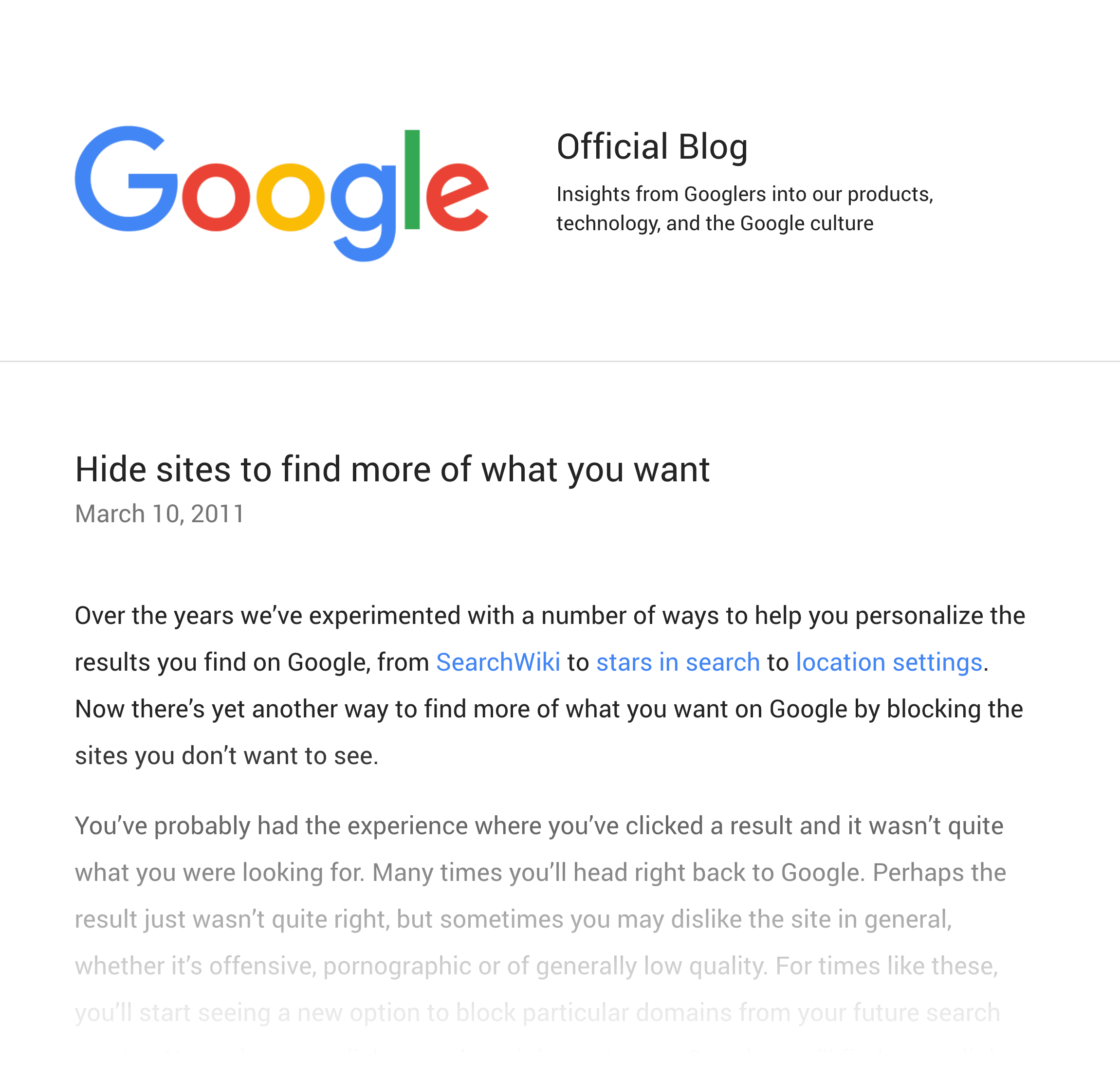 Google &ndash; Hide sites