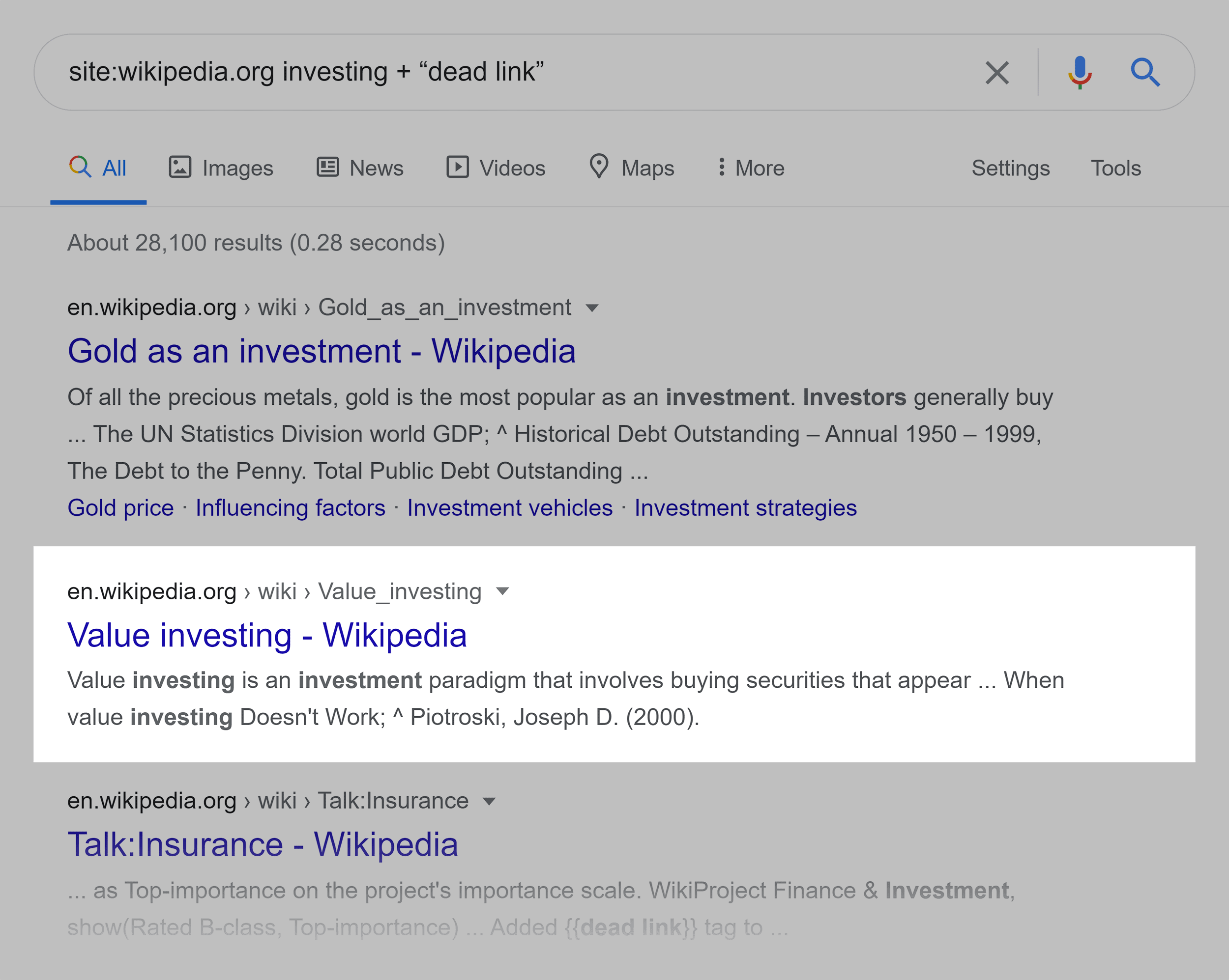 Google SERP &ndash; Investing &ndash; Dead links
