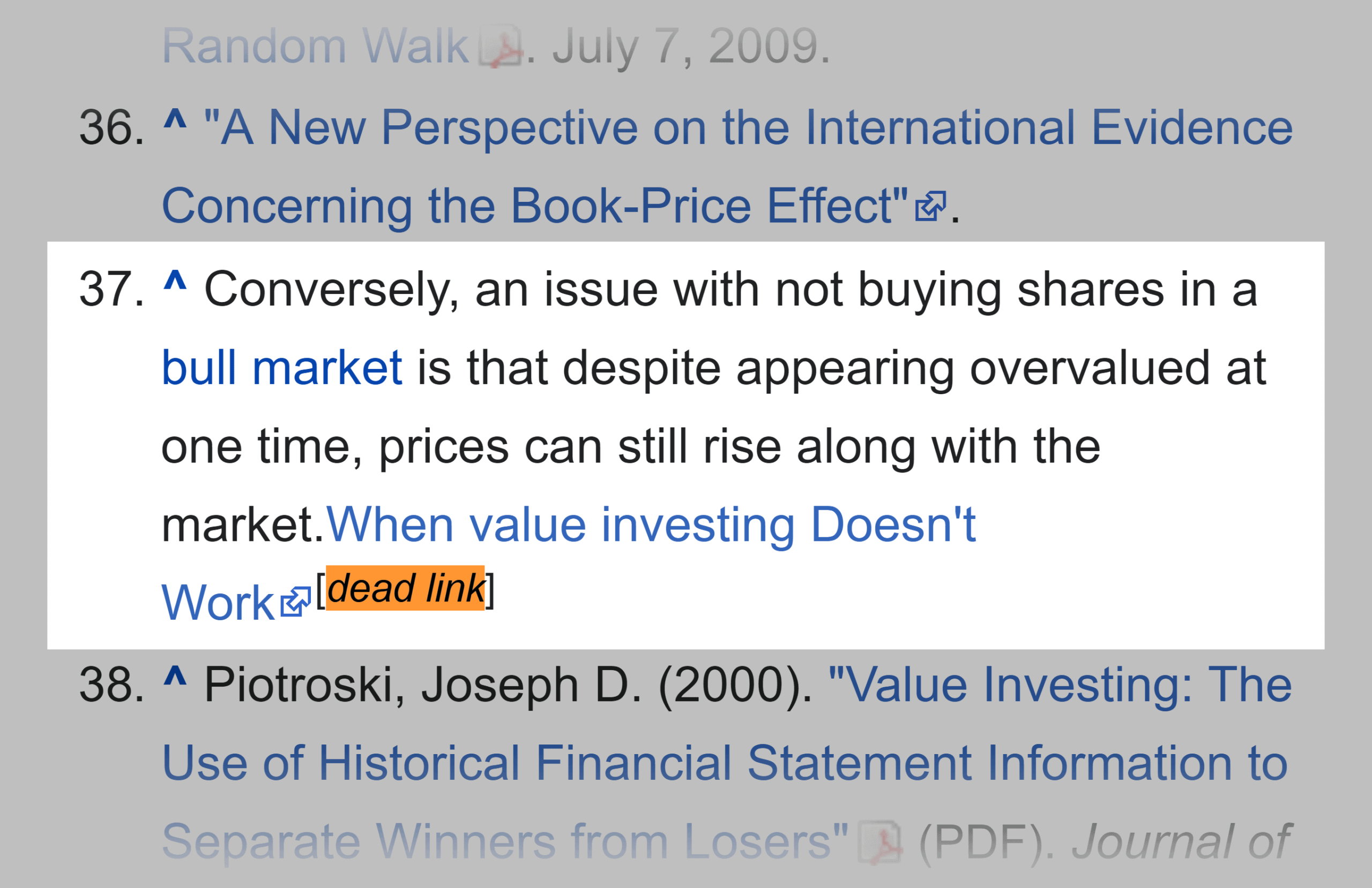 Wikipedia &ndash; Value investing &ndash; Dead link