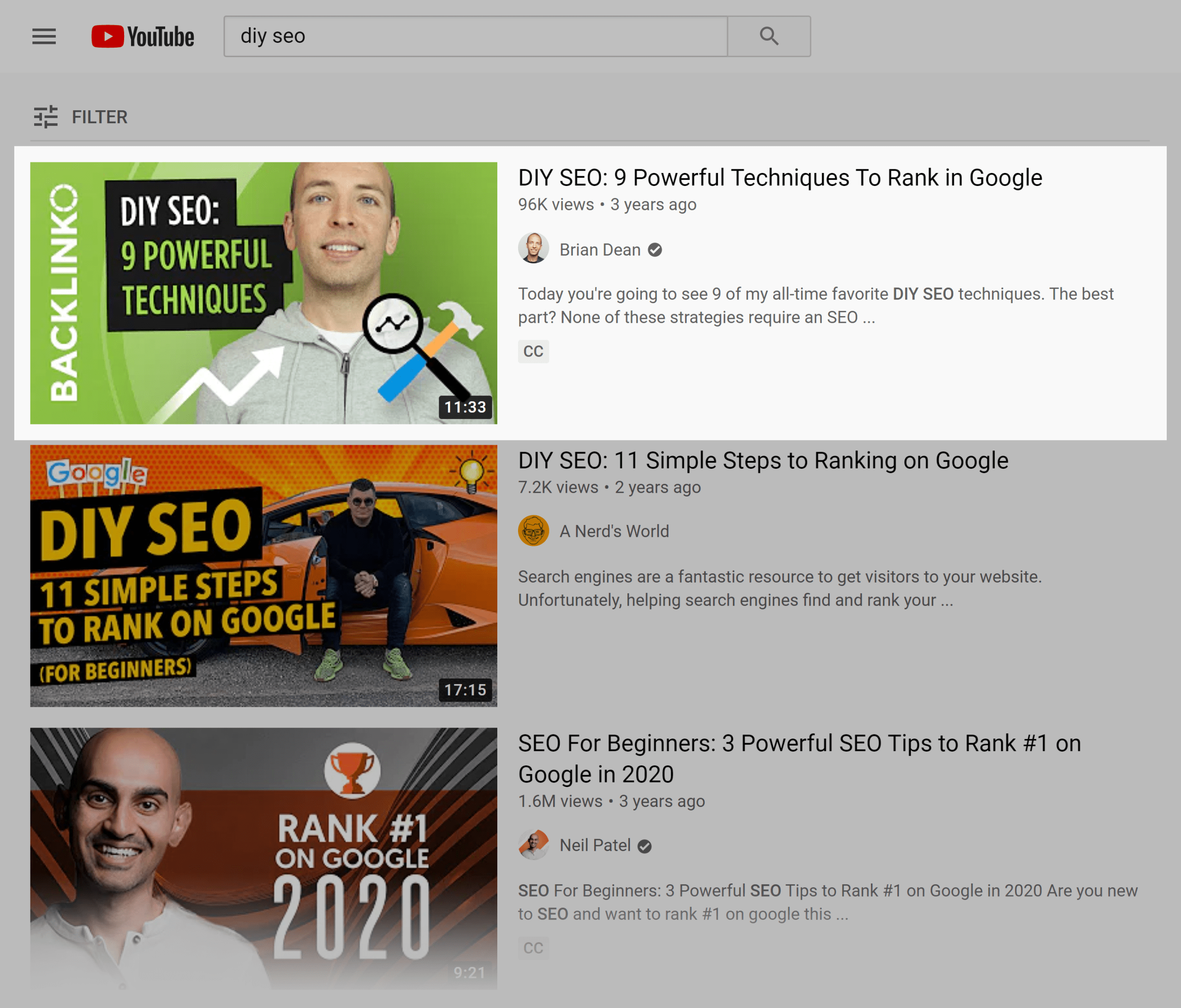 YouTube search results &ndash; DIY SEO