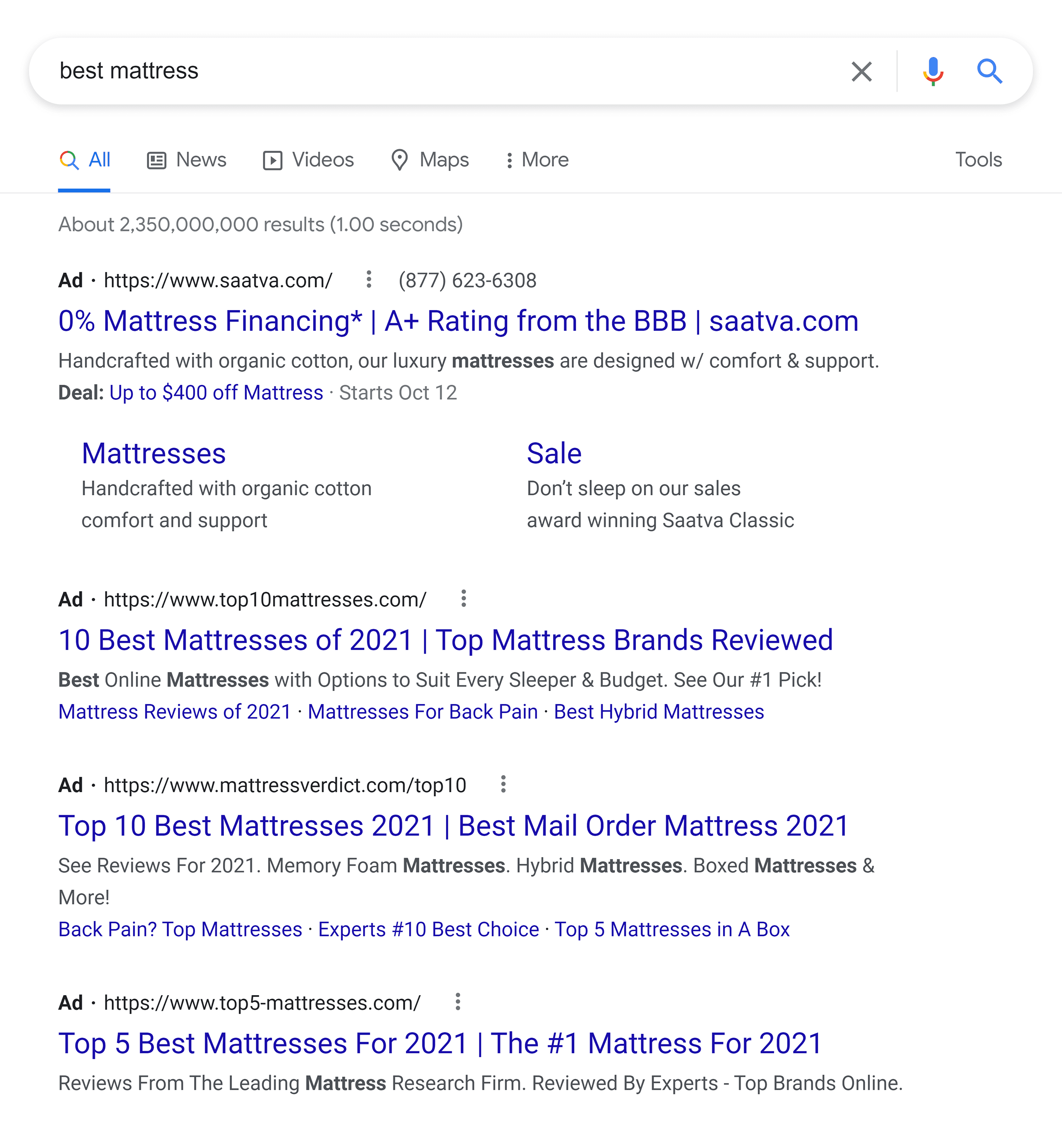 Google SERP &ndash; Best mattress &ndash; Ads