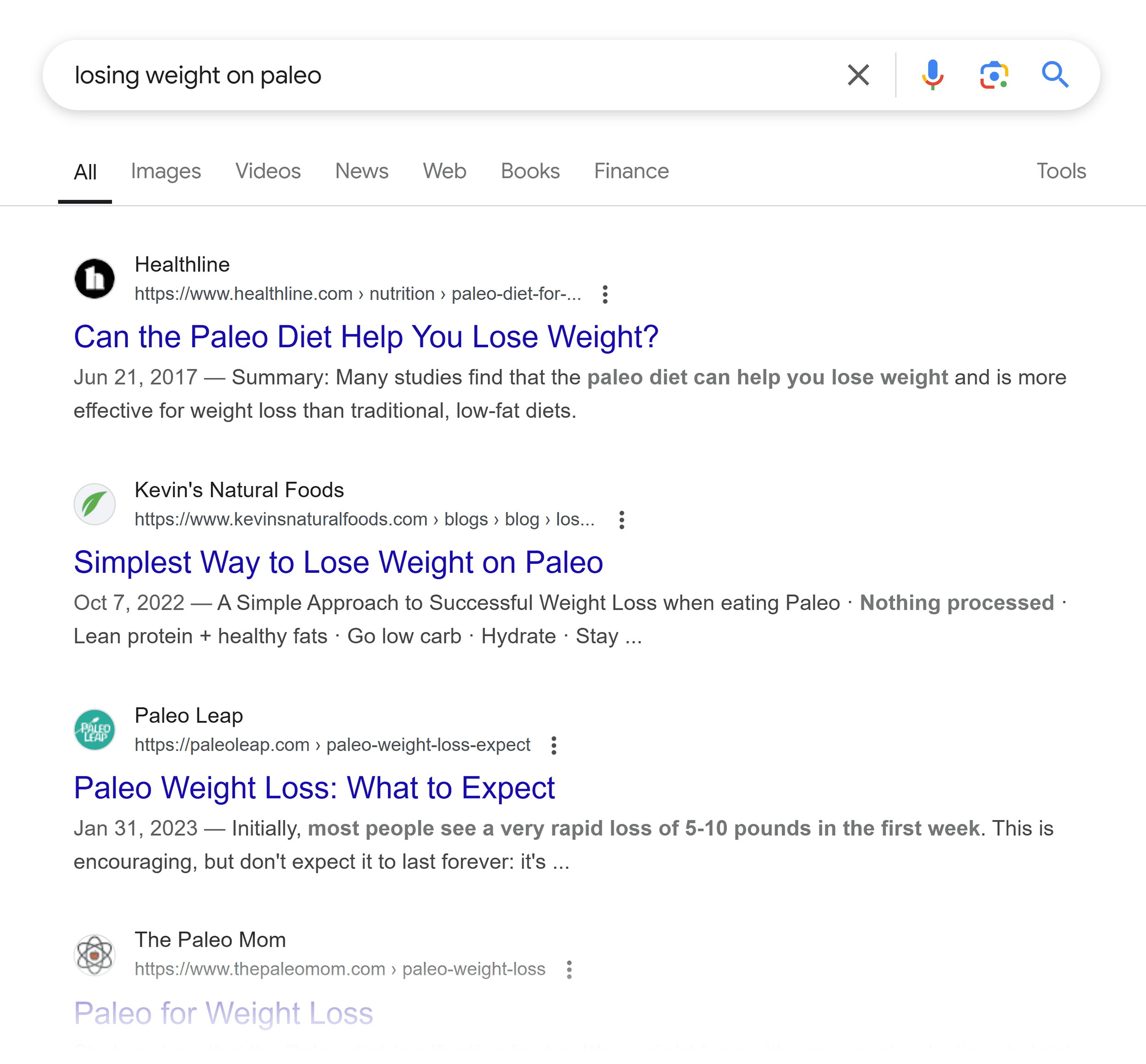 Google SERP &ndash; Losing weight on paleo